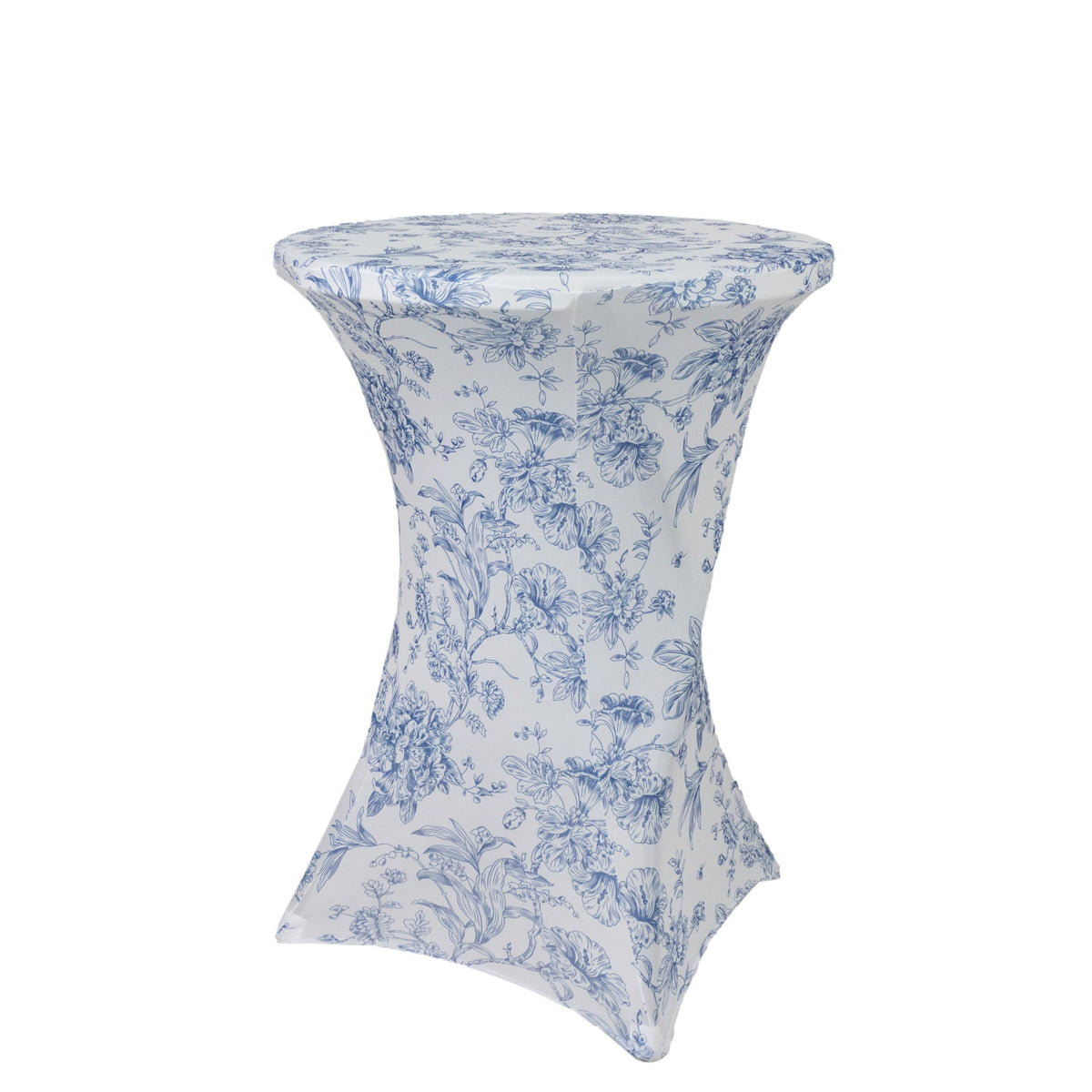 Spandex Round Cocktail Table Cover – Blue & White French Toile, 30" Highboy Stretch Fitted Tablecloth